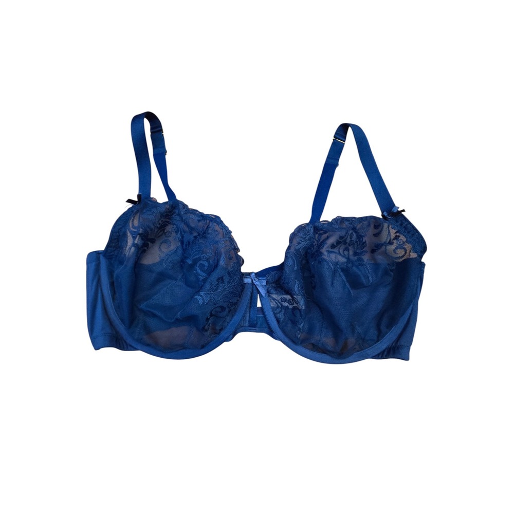 Cacique Floral Lace Unlined Balconette Bra 44DDD Blue Underwire Mesh 1127457